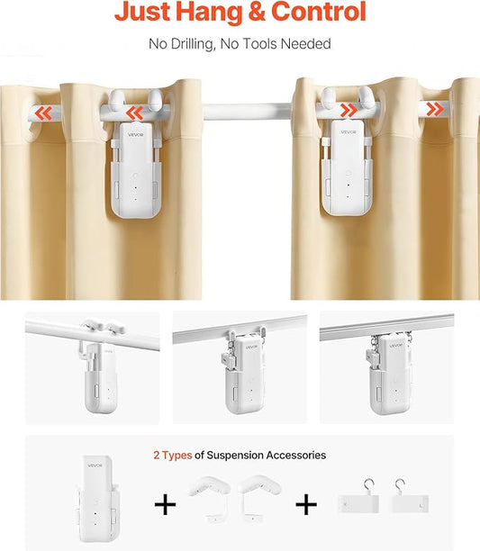 VEVOR Automatic Curtain Opener, 2 Pack, APP and Remote Control, Hub Included, Electric Smart Curtain Opener Compatible with Alexa and Google Home, Timed Opening and Closing, for Roman Rods, U/I Rails