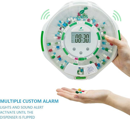 JULOS 28-Day Automatic Pill Dispenser with Audio & Visual Alerts for Elderly, up to 6 Alarms/Day, Easy-Read LCD Display, 9 Dosage Templates, Lock Medicine Dispenser for Medication, Vitamins, Clear Lid