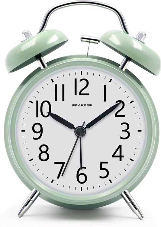 Peakeep Loud Battery Alarm Clock for Heavy Sleepers Adults Kids, Analog 4.5" Twin Bell Old School Fashioned Style for Bedrooms Living Room Decor (Avocado Green)