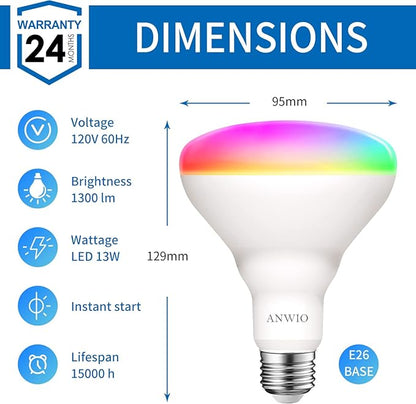 ANWIO Smart Light Bulb BR30 RGB Color Changing LED WiFi Dimmable Multicolor Light Bulbs E26 Base, Compatible with Alexa, Google Assistant, No Hub Required, 1300 Lumen 13W (100W Equivalent) 2 Pack