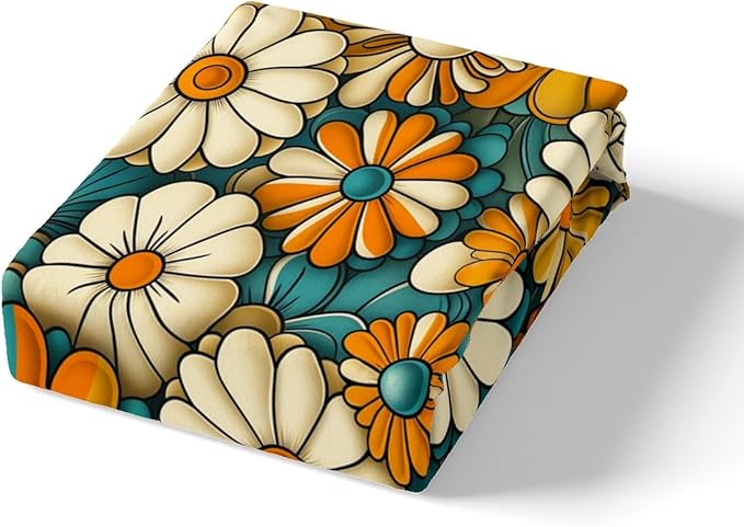 Vintage Flowers Groovy Fitted Sheet Full Size,70s 80s Daisy Floral Hip-hop Retro Bedding Set,Boys Girls Room Decor,Boho Exotic Hippie Psychedelic Bed Cover,Artwork Bed Sheet,2 Pillowcases
