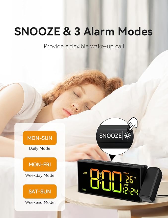 Netzu Projection Clock for Bedroom Ceiling, Alarm Clocks with 180° Rotatable Projector, Date Temperature and Weekday, Manual DST, 5 Brightness, 10 Ringtones, 4 Volumes and Snooze (RGB)
