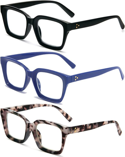 REAVEE 3 Pack Oprah Style Oversized Reading Glasses for Women Men Blue Light Blocking, Ladies Stylish RetroSquare Large Computer Readers (Black Blue Grey Leopard 1.25x)