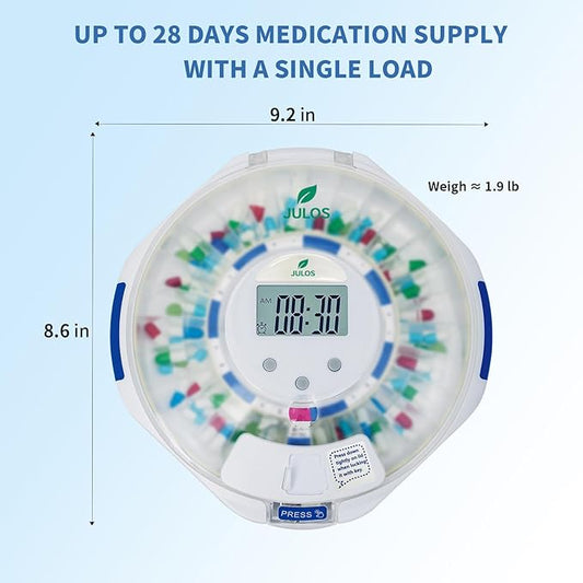 JULOS 28-Day Automatic Pill Dispenser with Lock for Elderly, Electronic Medication Organizer with Sound/Light Alerts, up to 6 Alarms/Day, Frosted Lid Medication Dispenser for Protecting Pills Privacy