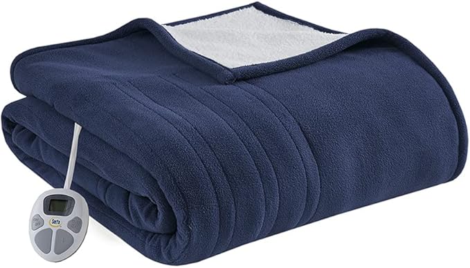 Serta Heated Blanket - Reversible Fleece to Sherpa Electric Blanket, Fast Heating, Auto Shut Off Timer, Multi Heat Setting, ETL Certified, Machine Washable, Blue Twin 84"x 62"
