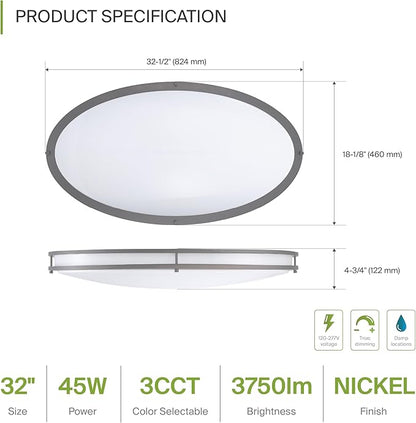 ASD LED 32" Oval Flush Mount Lighting, Close to Ceiling Light Fixture | 3CCT, Dimmable, Energy Star, ETL Listed | 45W 3750LM 3000-5000K 100-277V | Low Profile Double Ring Lamp | Nickel, 2 Pack