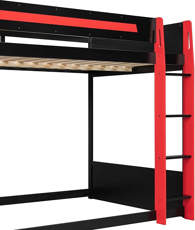 Wooden Bunk Bed with Desk & Charging Station & RGB Light Strip,Full Size Gaming Bunk Bed Frame with Storage Shelves,Safety Guardrails & Ladder for Kids Teens Adults Bedroom,Under-Bed Space,Red