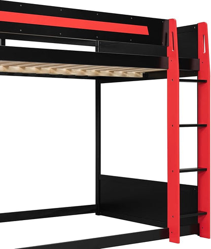 Wooden Bunk Bed with Desk & Charging Station & RGB Light Strip,Full Size Gaming Bunk Bed Frame with Storage Shelves,Safety Guardrails & Ladder for Kids Teens Adults Bedroom,Under-Bed Space,Red