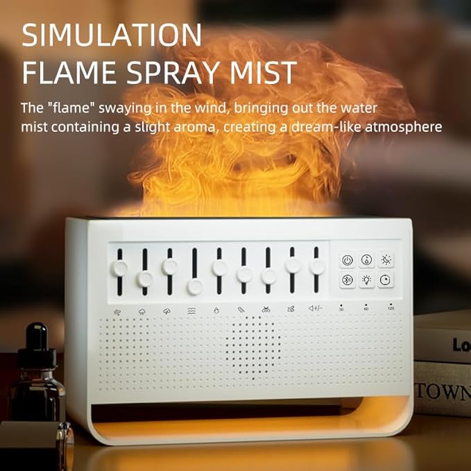 White Noise Sound Machine & Humidifier with Bluetooth Speaker, Sleep Aid Essential Oil Diffuser for Adults/Babies, Realistic Flame Lamp, Timer & Auto-Off for Deep Sleep.