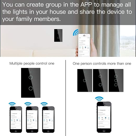 MOES Touch Wall Single Live Wire Smart Switch, No Neutral Wire Needed, 2.4GHz WiFi RF433 Light Switch Works with Smart Life/Tuya App, Alexa and Google Home, Single Pole Black 2 Gang Include Capacitor