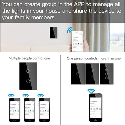 MOES Touch Wall Single Live Wire Smart Switch, No Neutral Wire Needed, 2.4GHz WiFi RF433 Light Switch Works with Smart Life/Tuya App, Alexa and Google Home, Single Pole Black 2 Gang Include Capacitor