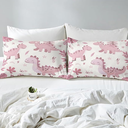 Cartoon Dinosaur Kids Fitted Sheet Queen Size,Palm Leaves Tropical Plants Botanical Bedding Set,Boys Girls Room Decor,Cute Dinosaur Vintage Animals Bed Cover,Pink Bed Sheet,2 Pillowcases