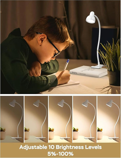 Clip on Lamp USB Reading Light, 3 Color Modes, 10 Brightness Dimmable, 360° Flexible Desk Lamp with Clamp, Eye Care Clip on Light for Bed Desk Headboard Home Dorm White