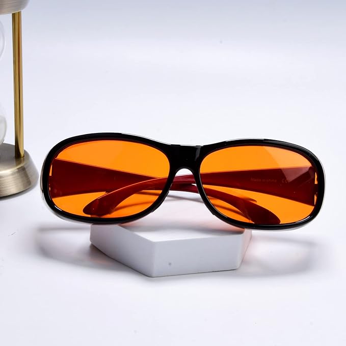 BLUELESS Fitover Blue Light Blocking Computer Glasses with Orange Tinted Sleep Glasses, Black Red