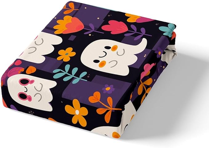Cartoon Ghosts Fitted Sheet,Full Size Halloween Ghost Cute Groovy Daisy Flowers Collections,Purple Squares Grids Patchwork Black Bedding Deep Pocket for Kids Teens Young with 2 Pillowcases