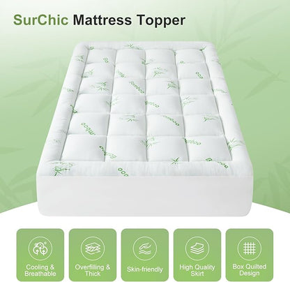 California King Size Mattress Topper Viscose Derived from Bamboo, Soft Thick Pillow Top Mattress Pad for Back Pain, Cooling Mattress Protector with 8-21 Inch Deep Pocket, White