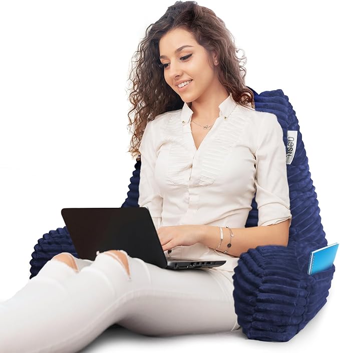 Nestl Reading Pillow with Shredded Memory Foam, Luxe Cut Plush Back Pillow for Sitting Up in Bed, Back and Arms Adjustable Support for Adult & Teens, Backrest Pillows with Washable Cover Navy Blue