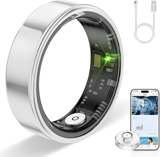 Smart Ring for Women & Men, Smart Rings Health Tracker with Heart Rate, Sleep Monitoring, Long Lasting Battery, IP68 Waterproof Fitness Ring for iOS & Android, No Subscription Fee (Silver, #7)