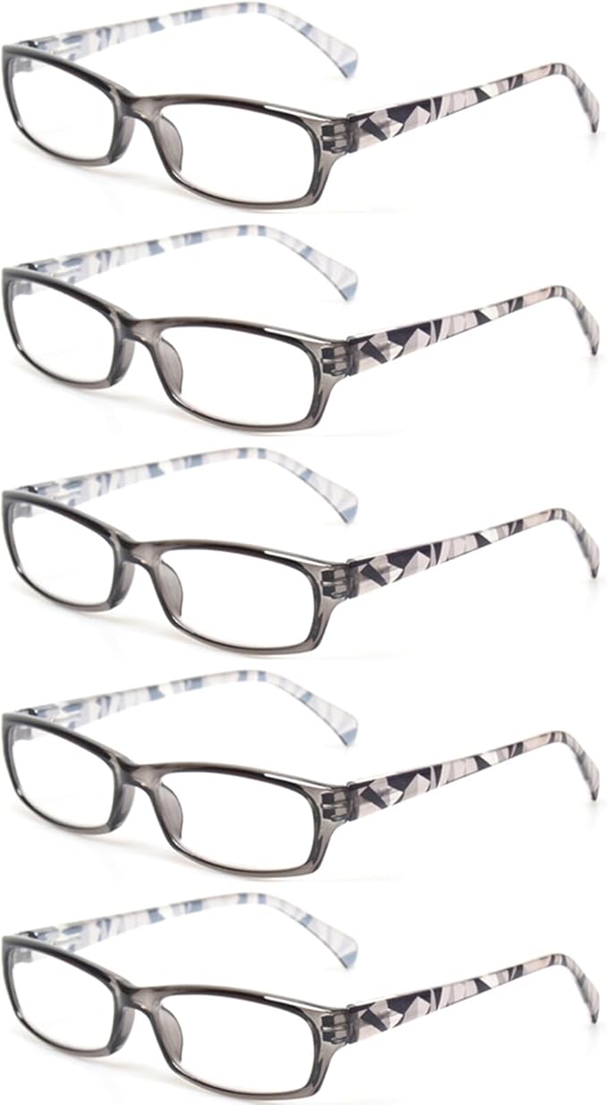 Kerecsen Reading Glasses 5 Pairs Fashion Ladies Readers Spring Hinge with Pattern Print Eyeglasses for Women (5 Grey, 4.5, x)