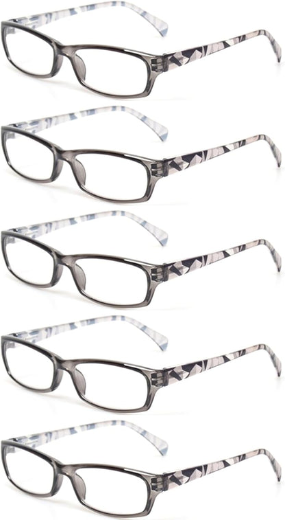 Kerecsen Reading Glasses 5 Pairs Fashion Ladies Readers Spring Hinge with Pattern Print Eyeglasses for Women (5 Grey, 1.75, x)