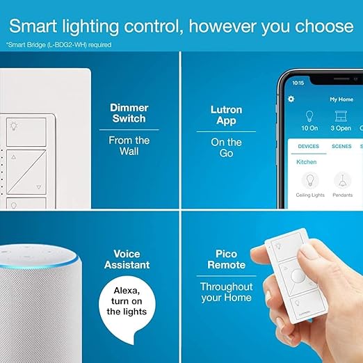 Lutron Caseta Original Smart Dimmer Switch (Lutron Smart Hub Required), for LED Lights, 150 Watt, Single-Pole/3-Way, No Neutral Required, PD-6WCL-LA, Light Almond, 4 Pack