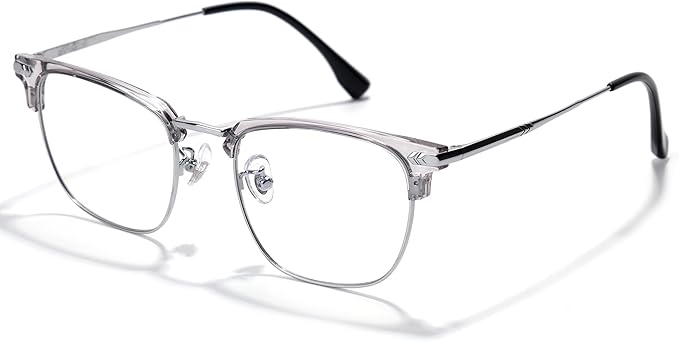 Blue Blocker Glasses for Men Metal Browline Computer Gaming Glasses Filter Blue Ray (Silver Metal/Gray Crystal TR90 Eyeglasses)