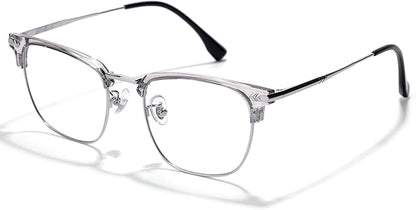 Blue Blocker Glasses for Men Metal Browline Computer Gaming Glasses Filter Blue Ray (Silver Metal/Gray Crystal TR90 Eyeglasses)
