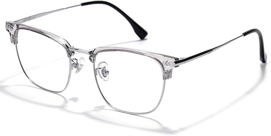 Blue Blocker Glasses for Men Metal Browline Computer Gaming Glasses Filter Blue Ray (Silver Metal/Gray Crystal TR90 Eyeglasses)