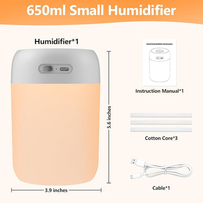 Portable Small Humidifier, 650ml Colorful Mini Humidifier for Bedroom, Office Desktop, Baby Room, Plants, Cool Mist Humidifiers(Light Gray)