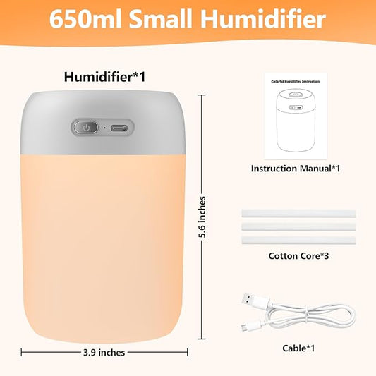 Portable Small Humidifier, 650ml Colorful Mini Humidifier for Bedroom, Office Desktop, Baby Room, Plants, Cool Mist Humidifiers(Light Gray)