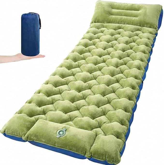Camping Sleeping Pad, 4in Extra-Thick Inflatable Sleep Mat with Built-in Foot Pump & Pillow, Compact Camp Air Mattress for Backpacking, Hiking, Tent, Car, Travel Gear