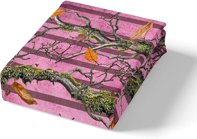 Camoflage Kids Fitted Sheet Queen Size,Hunter Cabin Tree Branches Botanical Leaves Rustic Bedding Set,Girls Women Room Decor,Geometric Stripes Bed Cover,Pink Bed Sheet,2 Pillowcases(No Top Sheet)
