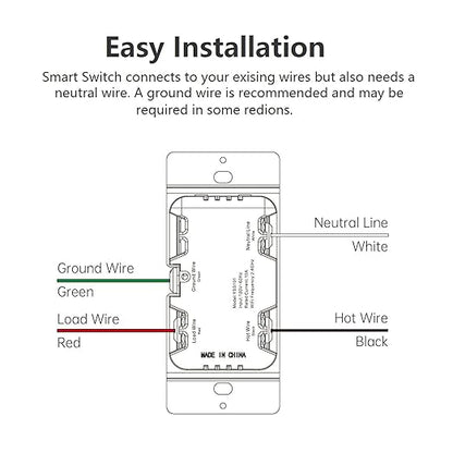 Smart Light Switch, Single Pole 2.4Ghz Wi-Fi, Work with Alexa and Google Assistant for Voice Control, Smart Life/Tuya APP Remote Control, No Hub Required, NEED Neutral Wire, 10A, ETL&FCC Listed