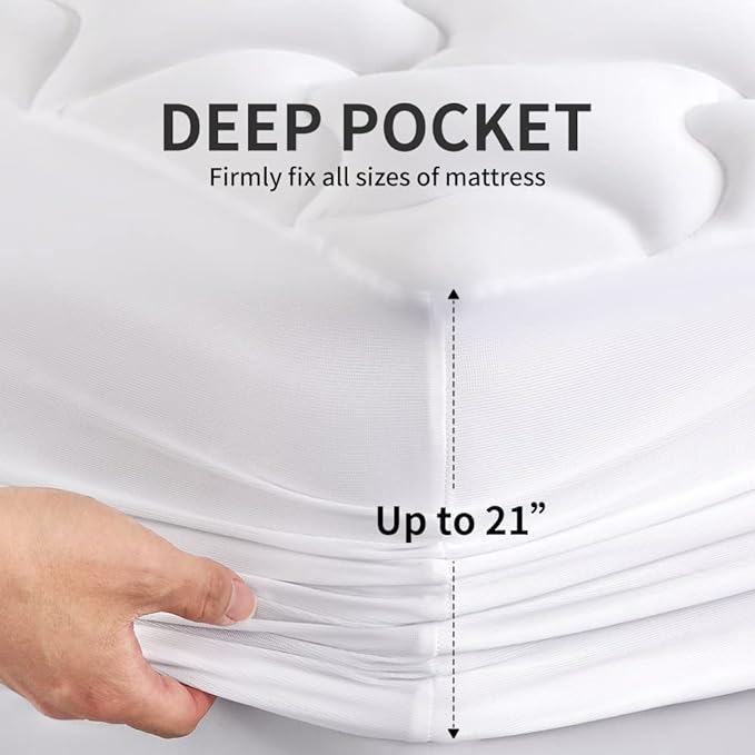 SLEEP ZONE Mattress Topper Full Size Mattress Pad, Cooling Quilted Fitted Mattress Cover, Machine Washable Mattress Protector, Soft Fluffy Down Alternative, Deep Pocket 8~21 inch (White, Full)