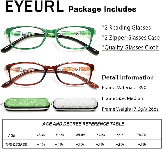EYEURL Reading Glasses For Men Women - Blue Light Blocking Glasses Reduce Eyestrain - 2 Pack TR90 Frame Lightweight +2.5