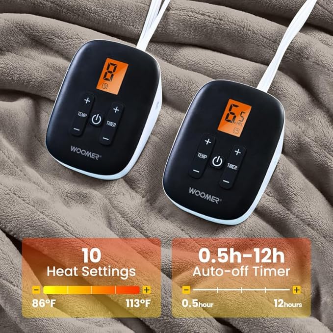 WOOMER Electric Blanket Queen Size 84" x 90", Heated Blanket with 0.5-12 Hours Timer & 10 Heating Levels, ETL Certified, Taupe Double-Sided Velvet, Machine Washable