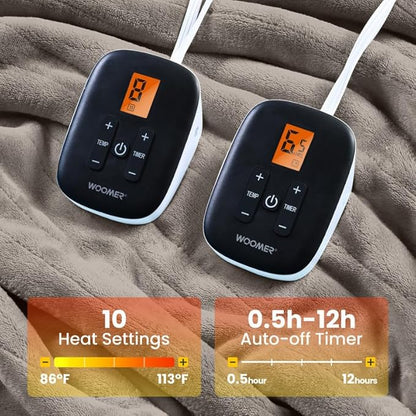 WOOMER Electric Blanket Queen Size 84" x 90", Heated Blanket with 0.5-12 Hours Timer & 10 Heating Levels, ETL Certified, Taupe Double-Sided Velvet, Machine Washable