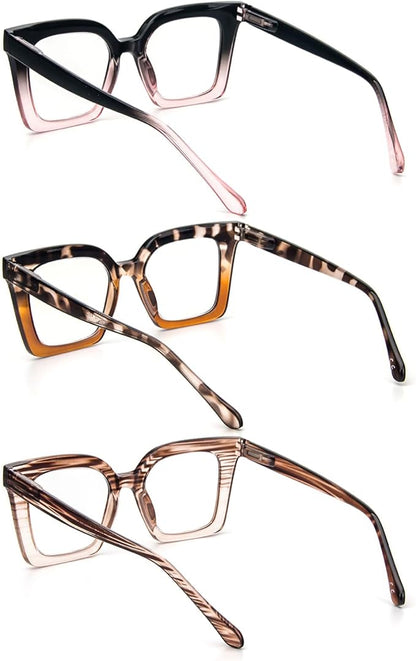 KoKoBin 3 Pack Stylish Square Frame Oprah Style Reading Glasses for Women, Blue Light Blocking Comfortable Readers