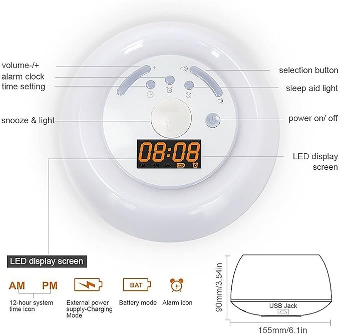 Alarm Clock Wake Up Light, Smart Home LED Bed Head Colorful Simulated Sunrise Nature Ambient Help to Sleep Dimmable Night Table