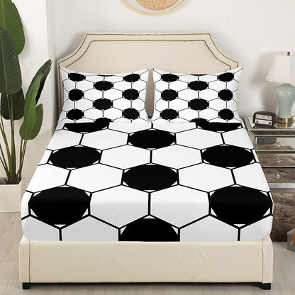 Manfei Football Kids Sheet Set Twin Size, Black and White Soccer Bed Sheet Set 3pcs (Fitted Sheet, Flat Sheet, 1 Pillowcase), Geometric Hexagon Honeycomb Bedding Set for Boys Teens Room Decor
