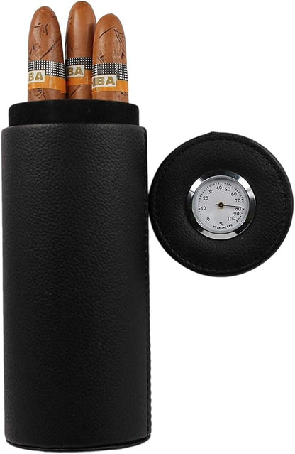 AMANCY Effective Black Leather Giftable Cigar Cylinder Humidor for 5 Cigars, Travel Cigar Case with Outside Hygrometer, Cedar Wood Lined Portable Leather Cigars Humidor.