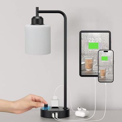 Industrial Bedroom Table Lamps for Bedside - White Opal Glass Shade Desk Lamps with USB C Port, Fully Dimmable Black Lamps with USB Port and Outlet, Reading Nightstand Lamp for Office Living Room
