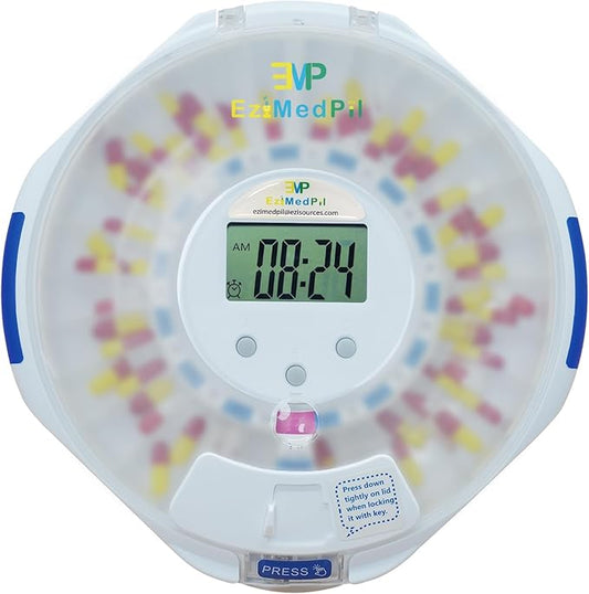 EziMedPil Automatic Pill Dispenser Frosted Lid with Alarm, Sound & Light, up to 6 Alarms/Day, 6 Dosage Templates, LCD Display, Key Locked 28-Day Medication Dispenser for Protecting Pills Privacy
