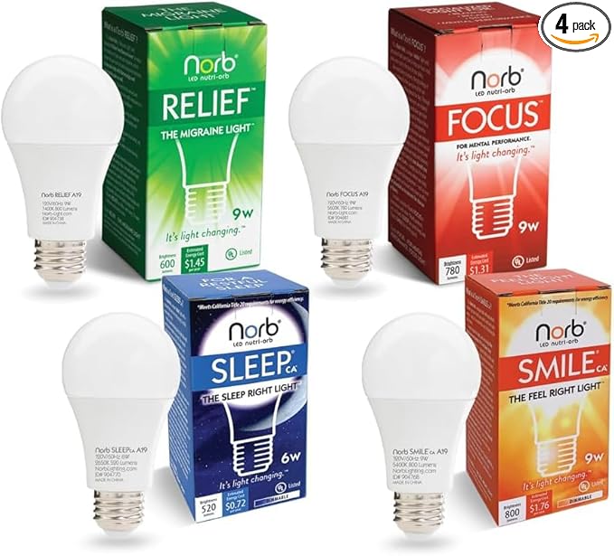 Norb Wellness Lighting Starter Kit, Set of 4 Wellness Light Bulbs, LED Light Therapy for Mood, Migraine Relief, Focus, & Sleep Enhancement, A19, E26, Energy Efficient (4-Pack)