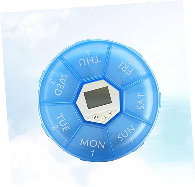 Mikinona Electronic Pill Dispenser with Alarm Clock Weekly Medication Organizer Box for Patients Blue Reminder Case with See-Through Lids for Easy Daily Medicine Management