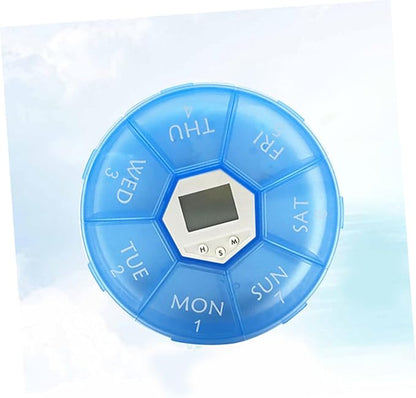 Mikinona Electronic Pill Dispenser with Alarm Clock Weekly Medication Organizer Box for Patients Blue Reminder Case with See-Through Lids for Easy Daily Medicine Management