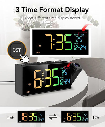 Netzu Projection Clock for Bedroom Ceiling, Alarm Clocks with 180° Rotatable Projector, Date Temperature and Weekday, Manual DST, 5 Brightness, 10 Ringtones, 4 Volumes and Snooze (RGB)