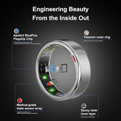 Smart Ring for Women Men- Sleep/Fitness/Stress/Heart Rate Tracker- Menstrual Records - 7 Days Battery Life - Wireless Charging - No APP Subscription - iOS & Android Compatible (Silver, Size 7)