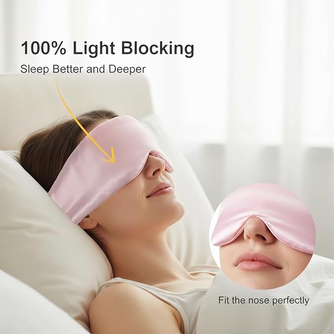 Soft Sleep Mask Large Size Eye Cover Blackout Eye Mask for Side Sleeper Comfortable Sleep Masks for Women Men with Adjustable Band Satin Blindfold for Travel Office Breaks Daily Sleeping Pink