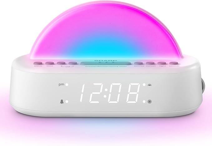 Sharp Sunrise Alarm Clock, Wake Up Gently with Sunrise/Sunset Simulation, Alarms, 5 Tranquil Sleep Aid Sounds, 8 Colors Night Light/Mood Light for Bedroom with 30/60/90 Timer